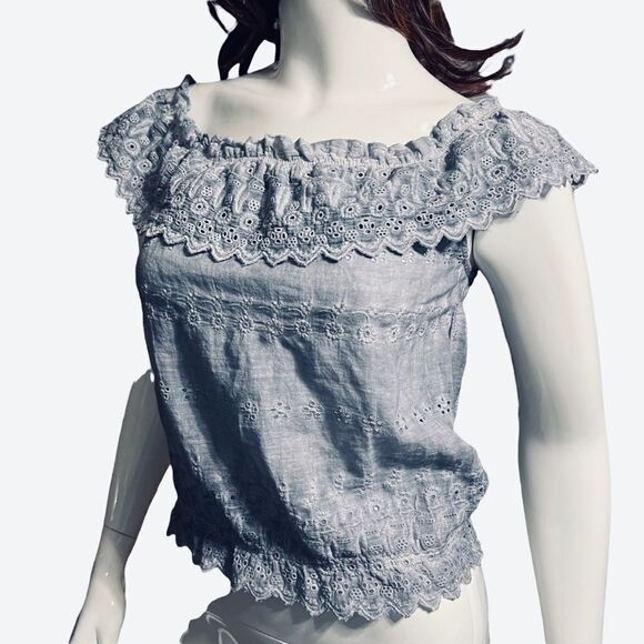 Off The Shoulder Dusty Blue Short Eyelet Blouse American Eagle Outfitters XS - Picture 5 of 11